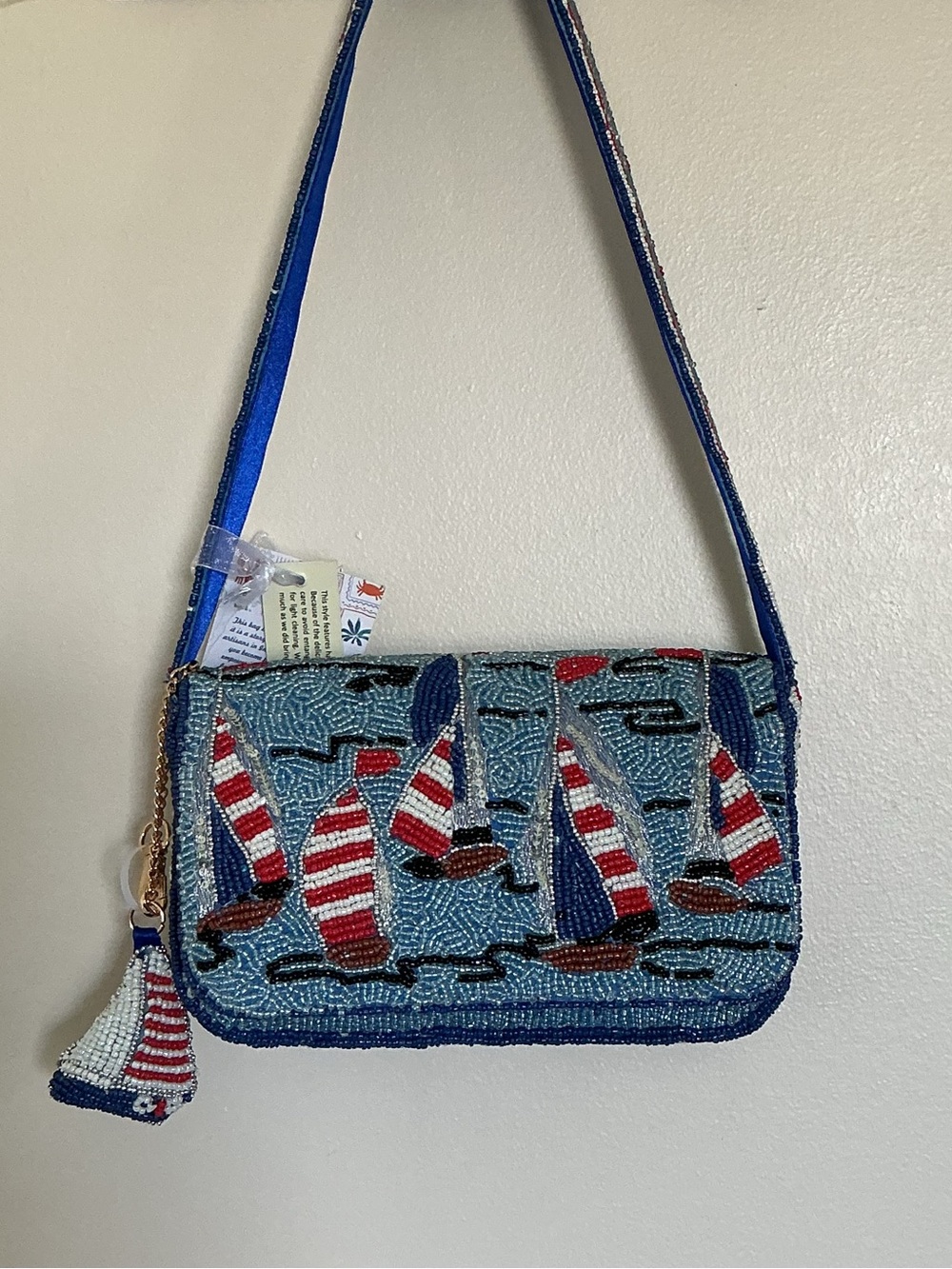 Hand-Beaded Sailboat Shoulder Bag in Light Blue